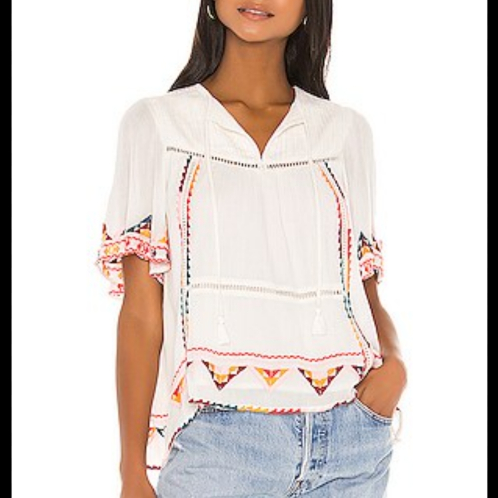 Tularosa Ingrid embroidered boho top from Revolve.  Has tassels in the front and